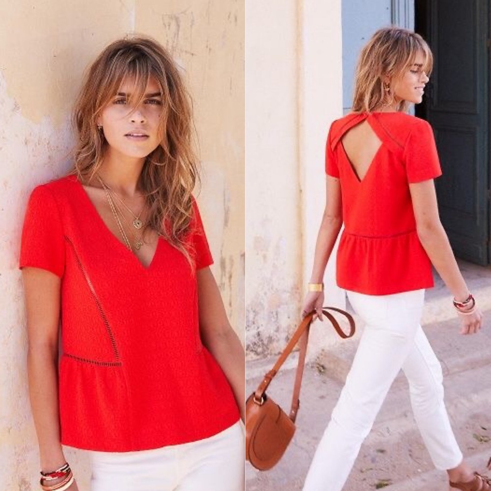 Sezane Red Short Sleeve V-Neck Peplum Top